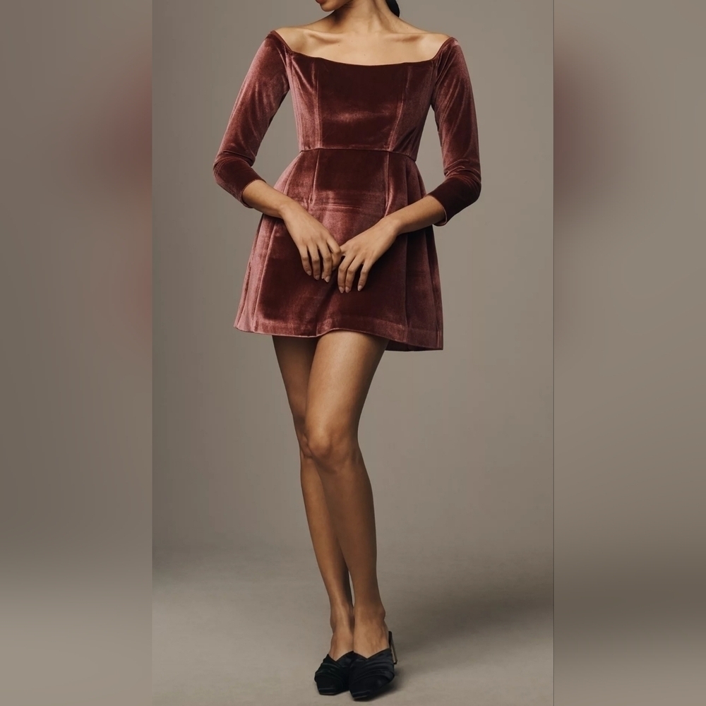 Hutch Anthropologie Soft Red Velvet Long-Sleeve Square-Neck Mini Dress, Size 6